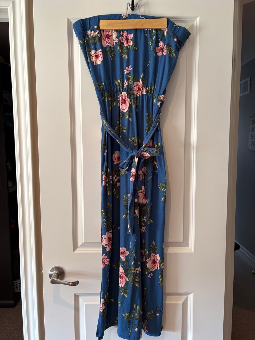 Blue Floral Strapless Maxi Dress with Tie Waist
